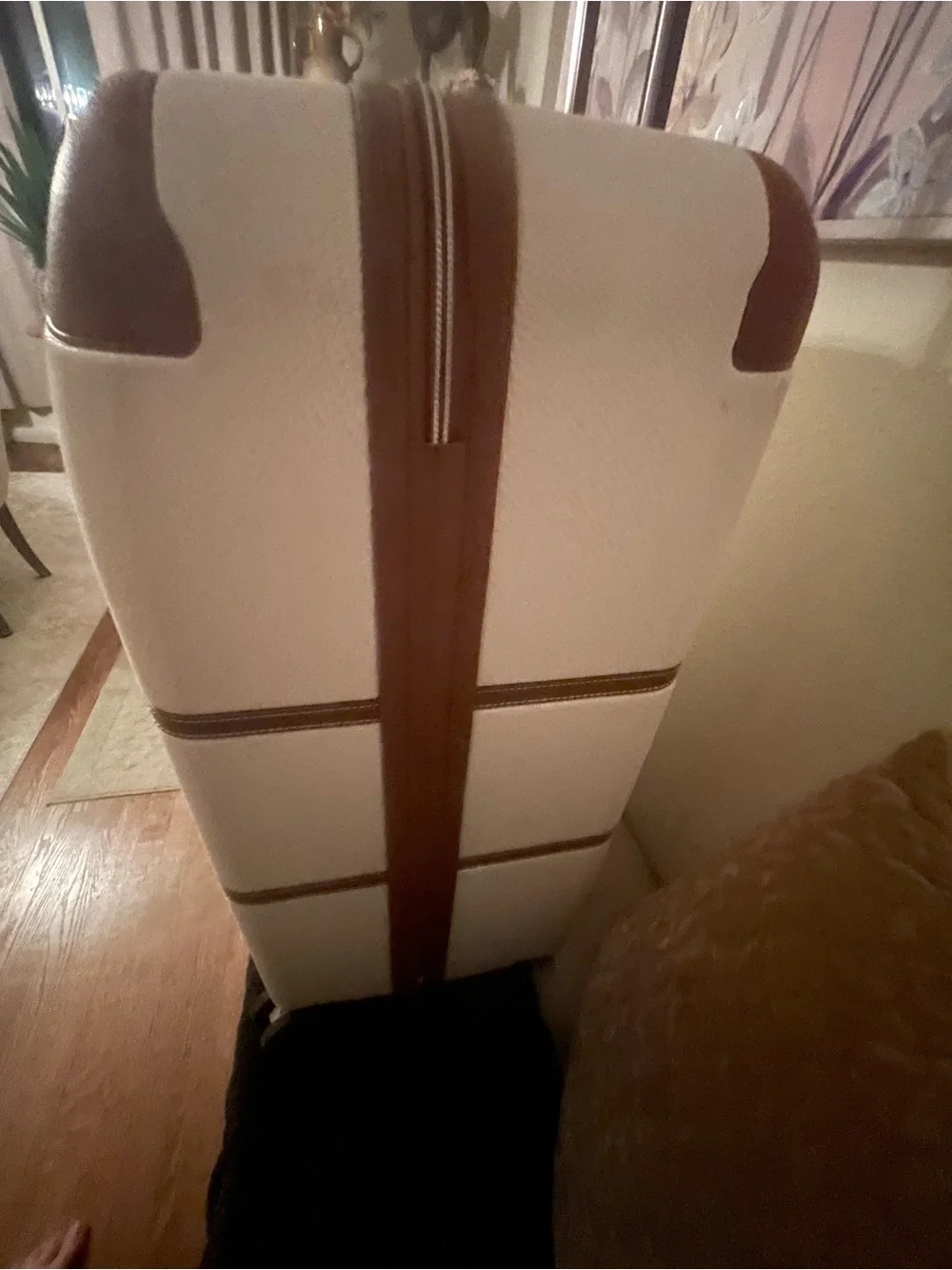 else White Hardside Spinner Luggage with Brown Trim